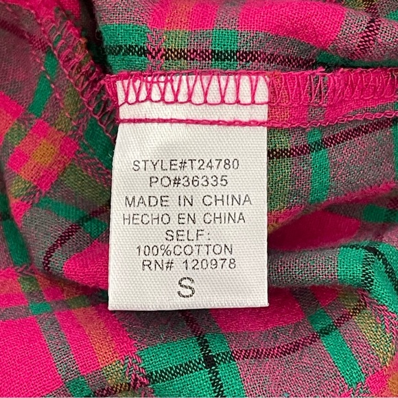 Entro Vibrant Puff Sleeve Hot Pink & Green Oversized Plaid Cotton Top - Picture 9 of 15